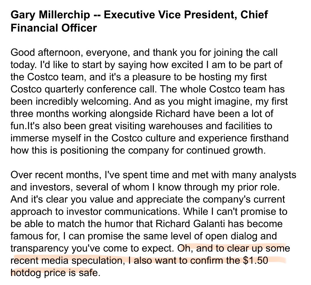 TrungTPhan's tweet photo. Costco’s new CFO just did his first earnings call. During the opening remarks, he had to mention that the $1.50 Hot Dog deal is safe. 

Incredible commitment to the bit. https://t.co/aSqZlA2yZs