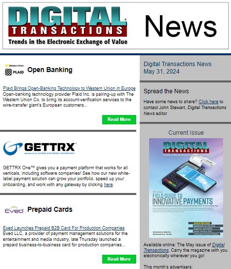 DTPaymentNews's tweet photo. Today's Digital Transactions News: Western Union Deploys Plaid Tech; Eved Taps Prepaid B2B Card for TV and Film Biz; Plus Weekly Recap
 https://t.co/hn1P7ONzUd 
#payments #openbanking #Plaid #WesternUnion #Eved #prepaidcards #filmandTVproduction #QRcodes #hospitalityPOSsystems https://t.co/86FYTciUDm