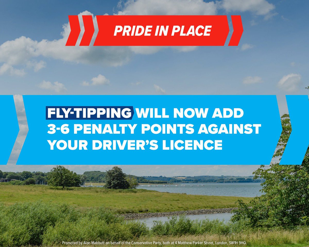Fly tipping is a blight on our countryside. That is why the <a href="/Conservatives/">Conservatives</a> are delivering a clear plan to toughen up the law for fly-tippers by making it an offence that carries penalty points on a driving licence – bold action for a more secure future.