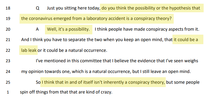 ✔️LAB LEAK THEORY: Dr. Fauci acknowledged that the lab leak hypothesis is not a conspiracy theory. This comes roughly four years after he prompted the publication of “Proximal Origin” — a paper which attempted to vilify and disprove the lab leak hypothesis.