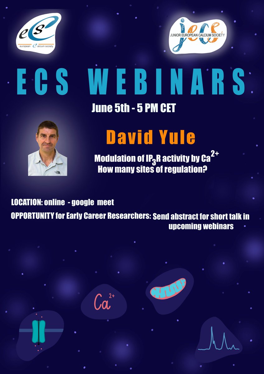 Excited to announce the next #ECSwebinar on June 5th - 5 PM CET!🌟 

We are looking forward to the talk of David Yule on modulation of IP3R regulation by Ca2+. 

Find meeting link and updates on upcoming webinars here: docs.google.com/spreadsheets/d…

<a href="/DavidYule64/">David Yule</a>