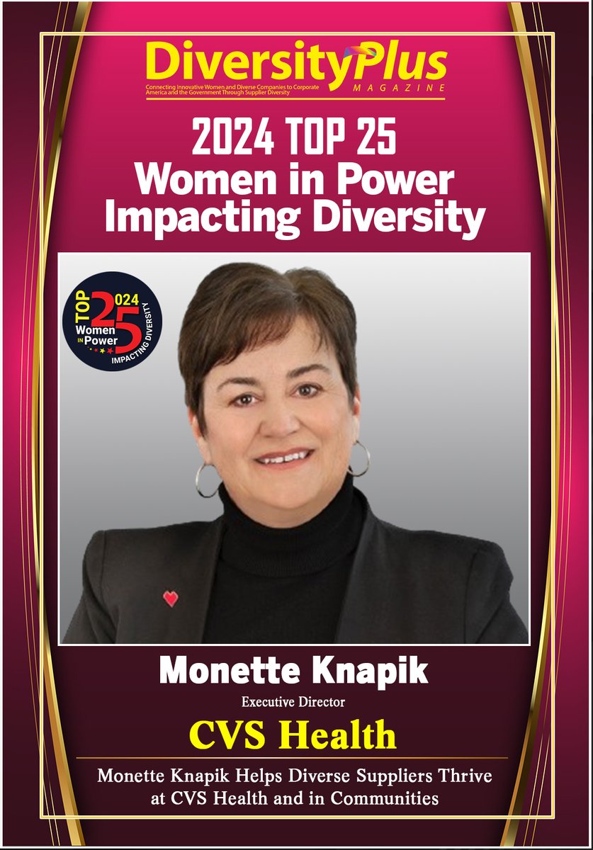 Congratulations to Monette Knapik, Executive Director for @CVSHealthfor being selected as one of the 2024 Top 25 Women in Power Impacting Diversity! 
#SupplierDiversity #DEI #CVSHealth #SmallBusiness #Mentorship #Top25WomeninPowerImpactingDiversity
diversityplus.com/web/Article.as…