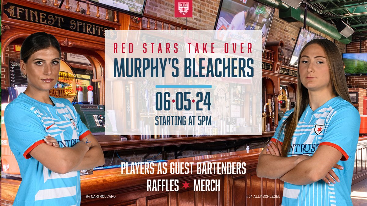theChicagoStars's tweet photo. The take over continues 🤩

Come out to Murphy’s Bleachers #WithTheStars this Wednesday (June 5) as Cari Roccaro and Ally Schlegel guest bartend! Starting at 5 pm, there will be a raffle, giveaways, merch for sale, and more!
*Must be 21 to enter* https://t.co/AEWXsttams