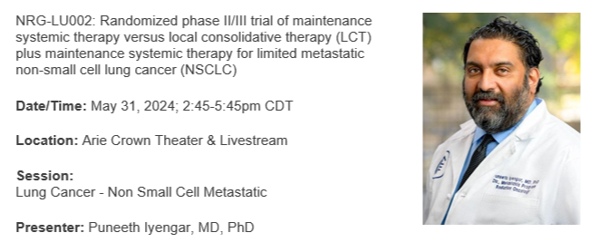 NRG Oncology (@nrgonc) on Twitter photo Are you at #ASCO24? Today kicks off the first of many NRG presentations at ASCO this year. Dr. Iyengar will present on NRG-LU002 for #NSCLC during the Lung Cancer - Non-Small Cell Metastatic session today starting at 2:45pm CDT. <a href="/IyengarPuneeth/">Puneeth Iyengar</a> Are you at #ASCO24? Today kicks off the first of many NRG presentations at ASCO this year. Dr. Iyengar will present on NRG-LU002 for #NSCLC during the Lung Cancer - Non-Small Cell Metastatic session today starting at 2:45pm CDT. <a href="/IyengarPuneeth/">Puneeth Iyengar</a>