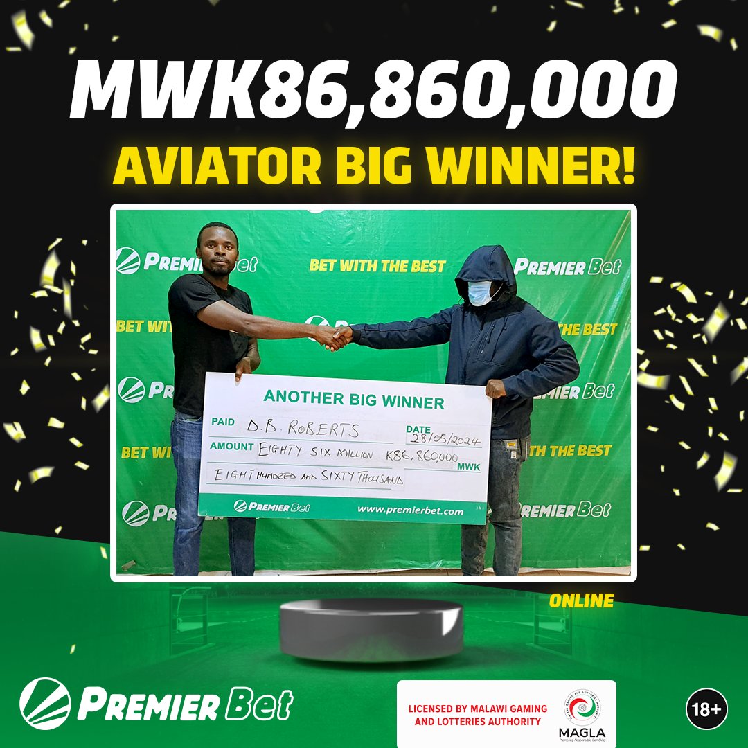 🚨 AVIATOR BIG WINNER ALERT 🚨

🥳 Congratulations Mr. D.D. Roberts, for the big win with Aviator🛩️

💥 He won a whopping 86 Million Malawi Kwacha

📲 Visit Premier Bet online platform to play

#BetWithTheBest #ProudlyAfrican #HomeOfAviator