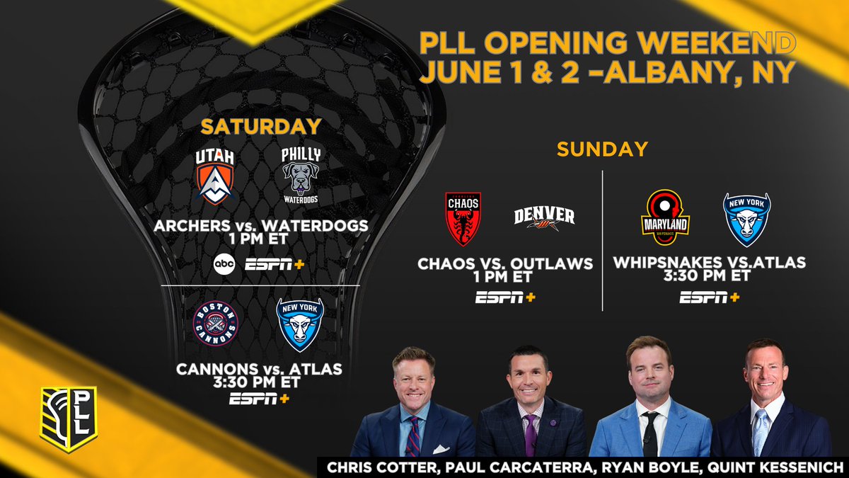 The 2024 @PremierLacrosse season begins this weekend from Albany, N.Y. Highlights: 🥍 Sat | 1p ET | 2023 PLL Champ rematch | ABC, ESPN+ 🥍 Sat | 3:30p ET | 1st-ever home game in PLL history | ESPN+ Watch: bit.ly/3yFje8j