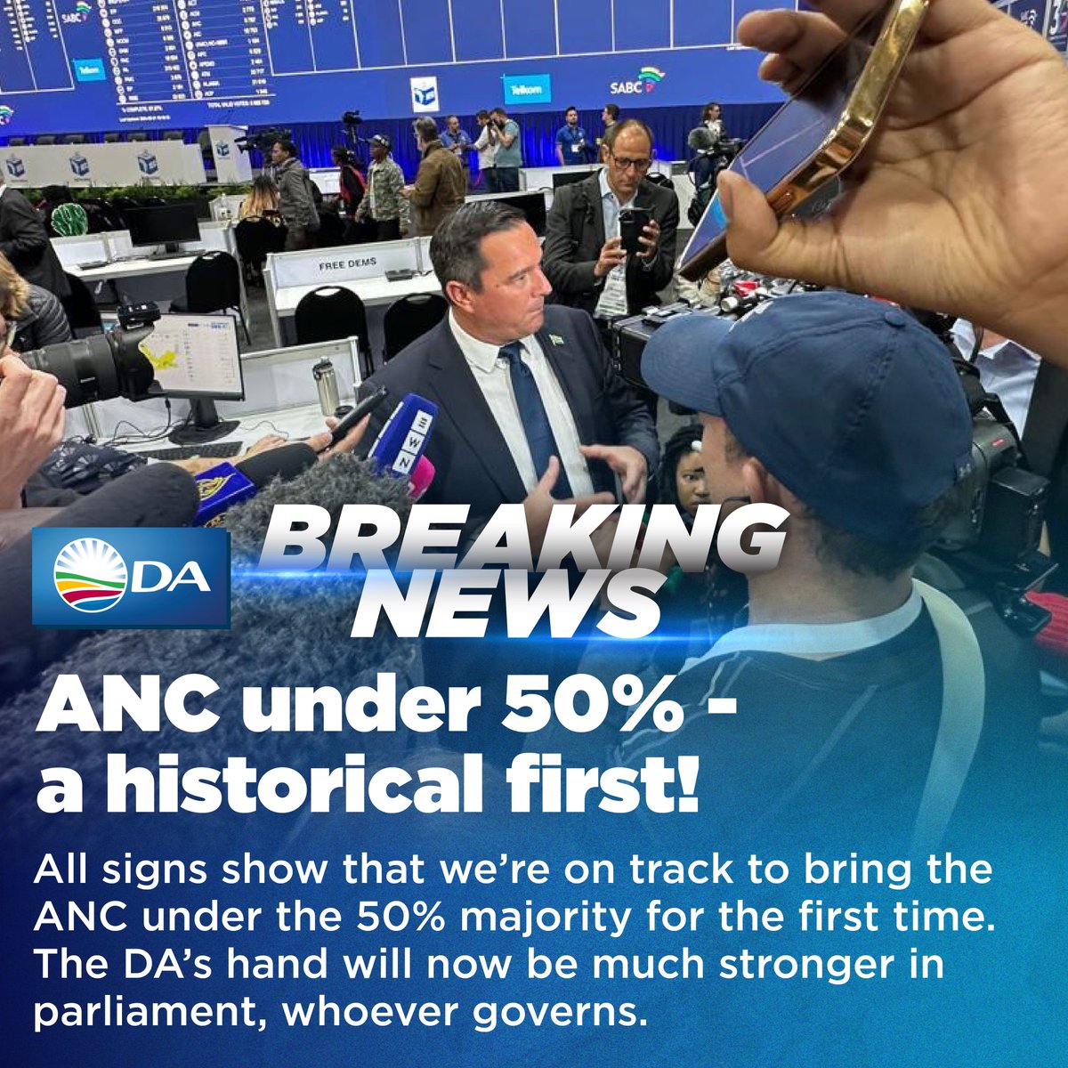 🚨BREAKING: For the first time in 30 years, the ANC will lose its majority. The DA’s mission has been to end the ANC’s dominance and to transform South Africa into a vibrant, multiparty democracy where politics is a battle of ideas for the people.

We are on track to #RescueSA.🇿🇦