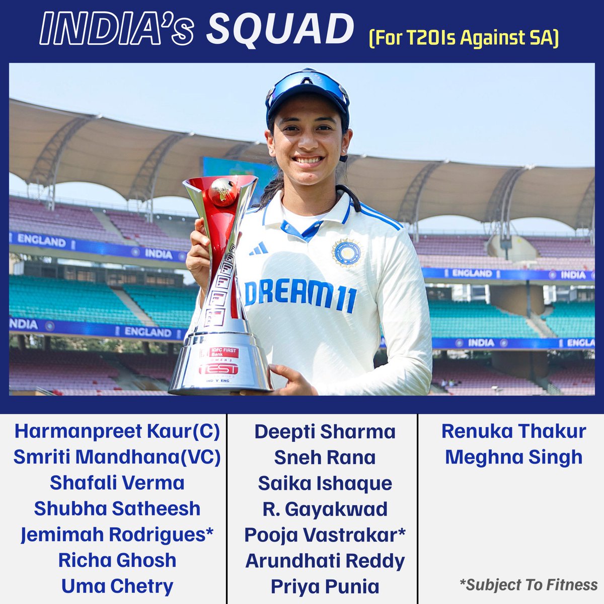 India’s Squad for the one-off Test against South Africa 🇮🇳🇿🇦

@BCCIWomen #SmritiMandhana #INDvsSA #IndianCricketTeam #Cricket