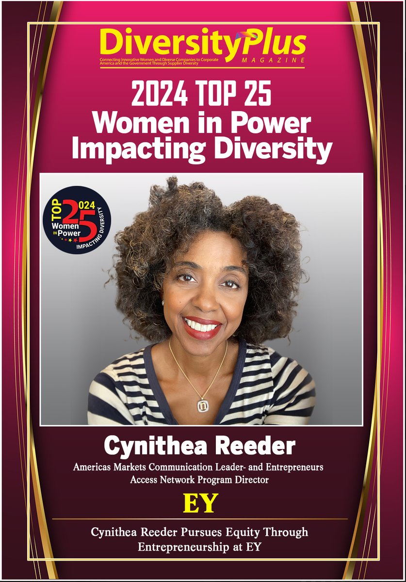 Congratulations to Cynithea (Nit) Reeder, #EY Americas Markets Communication Leader and Entrepreneurs Access Network Program Director, for being named one of the 2024 #Top25WomeninPowerImpactingDiversity! 
#SupplierDiversity #WomenInPower #Entrepreneurship diversityplus.com/web/Article.as…