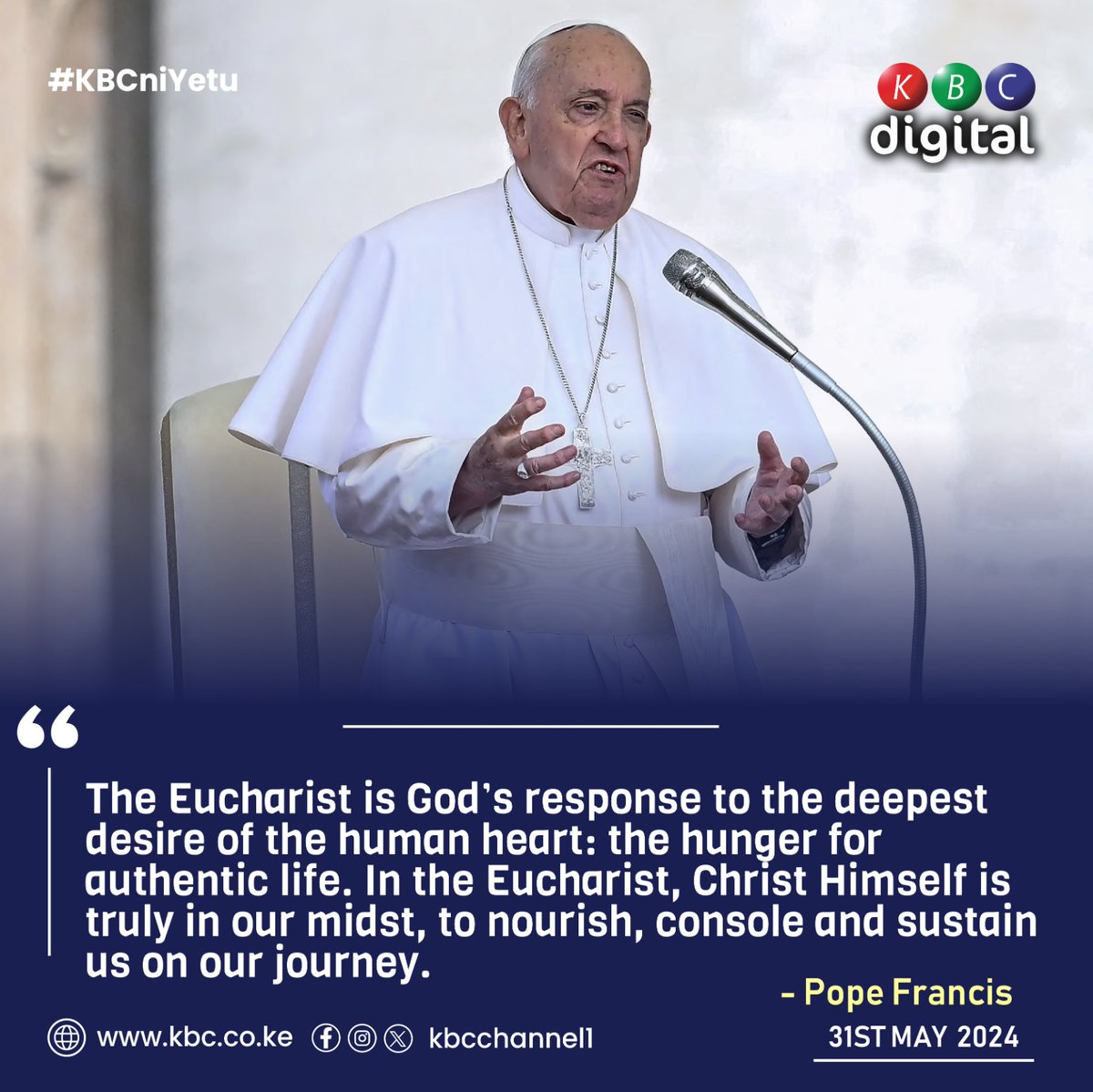 Pope Francis, ' The Eucharist is God's response to the deepest desire of the human heart, the hunger for authentic life. In Eucharist, Christ himself is truly in our midst, to nourish, console and sustain us on our journey. ' ^MK
#MintoFM