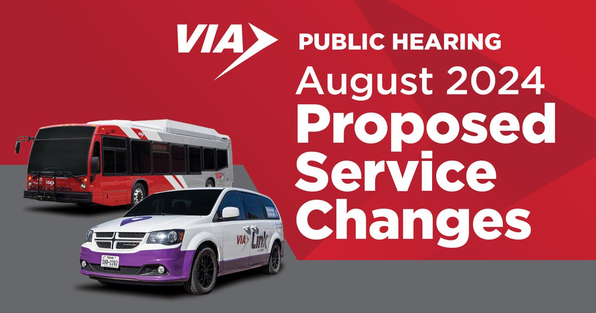 Join the VIA team for an in-person Public Hearing on proposed August 2024 service changes. Visit VIAinfo.net/proposedchanges for hearing details and to learn more about the proposed changes.