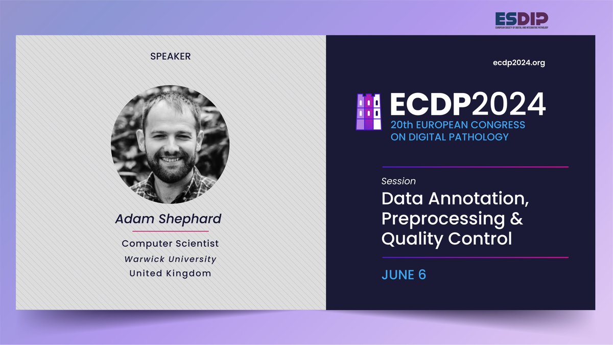ESDIPatho's tweet image. #ECDP2024 session “#Data #Annotation, #Preprocessing &amp;amp; #QualityControl” June 6th with
@AdamShephard11: “OMTscoring: A Fully Automated Pipeline for the Prediction of Malignant Transformation in Oral Epithelial Dysplasia” #Pathology #Computational #QA #Cancer