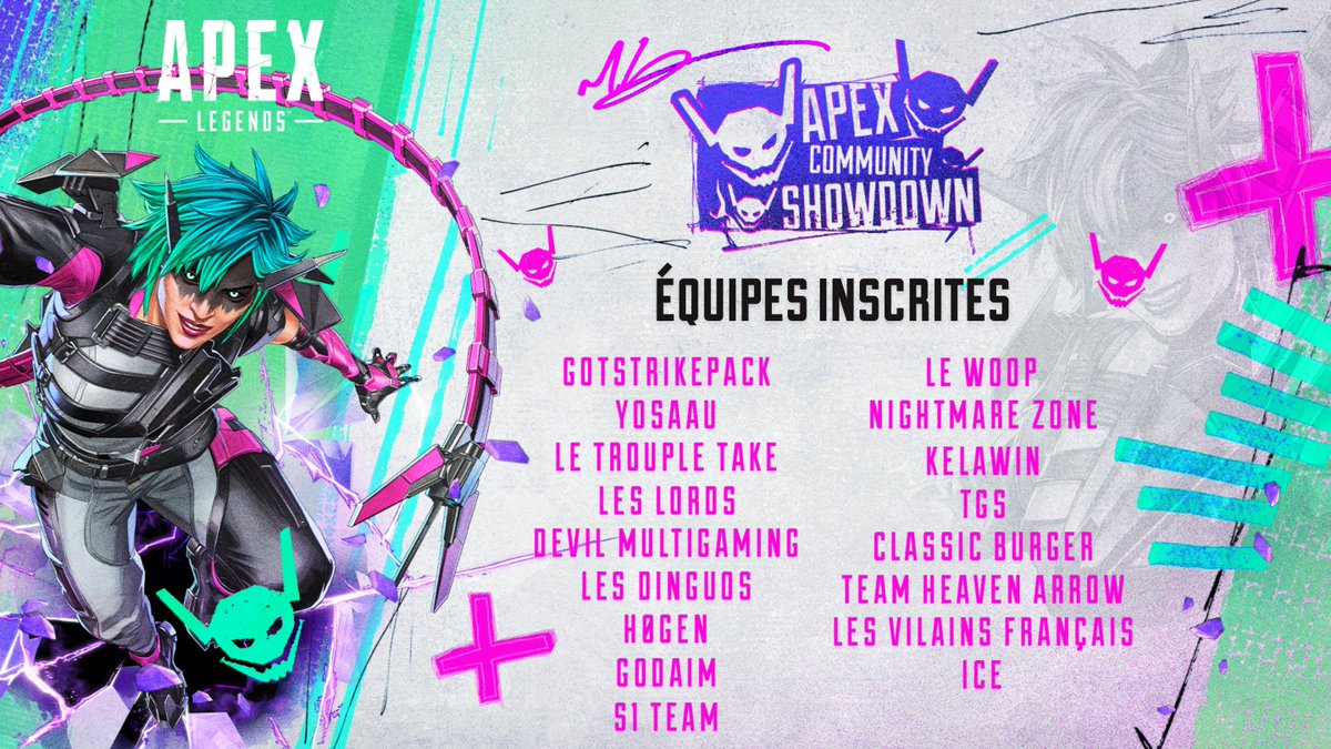 [ÉQUIPES] #ACS
@PlayApex_FR 

Nous connaissons enfin les 17 équipes qui participeront à l'Apex Community Showdown 🙌

Et pour les 3 dernières équipes ? Vous n'êtes pas au bout de vos surprises 😈

Les inscriptions pour les places spectateurs et la Watch Party arrivent lundi !