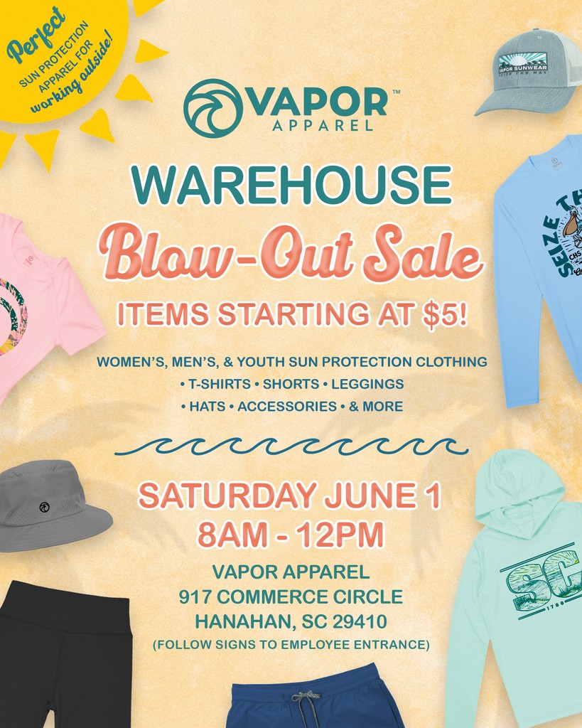 🔥 THIS SATURDAY ONLY! 🔥 
Our Warehouse Sale is from 8 a.m. -12 p.m. Saturday, June 1. 
917 Commerce Circle, Hanahan, SC
ITEMS START AT $5! Come and shop incredible deals on UPF 50+ sun protection and activewear! 
🎁 Gift with Purchase for the first 25 customers!
