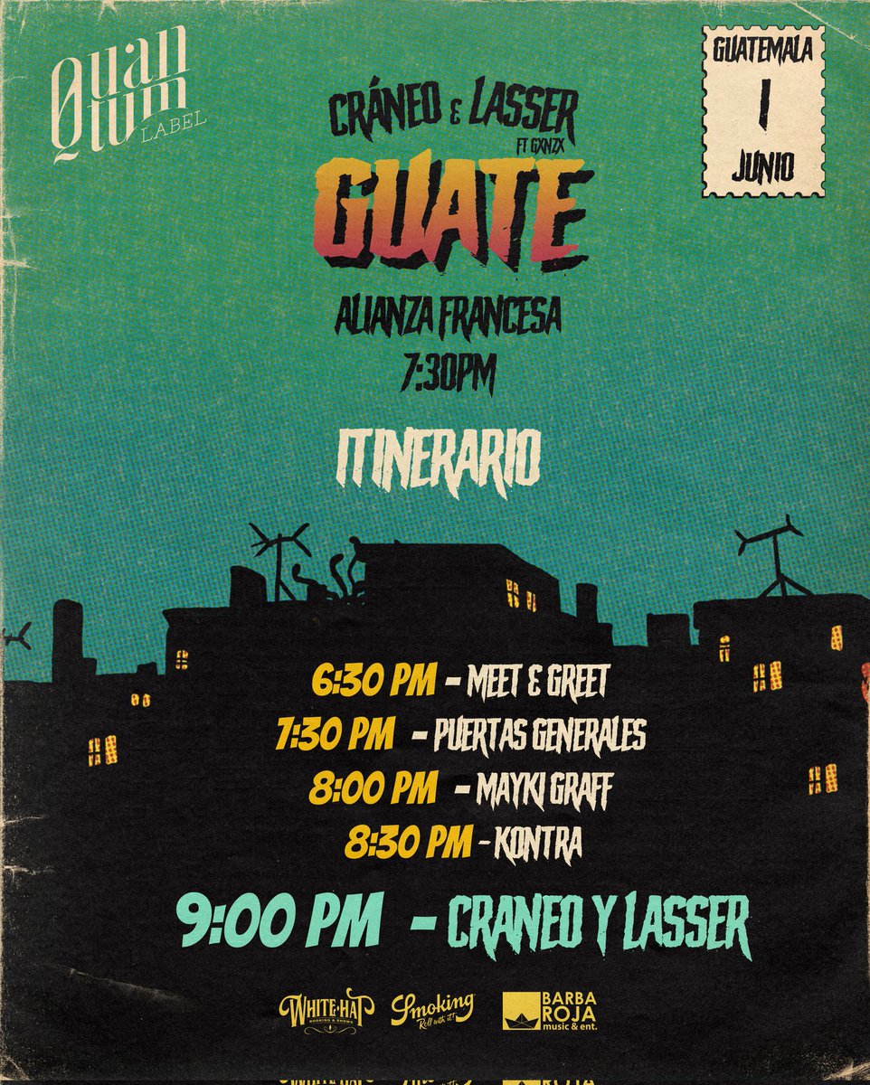 Mañana estará Craneo y Lasser en Guatemala como parte de su Diablos Tour. 🇬🇹👹

Mayki Graff y Kontra Marin los encargados de prender la velada en la Alianza Francesa ✨️📌

🎫 Tickets aún disponibles en:
linktr.ee/quantumlabel