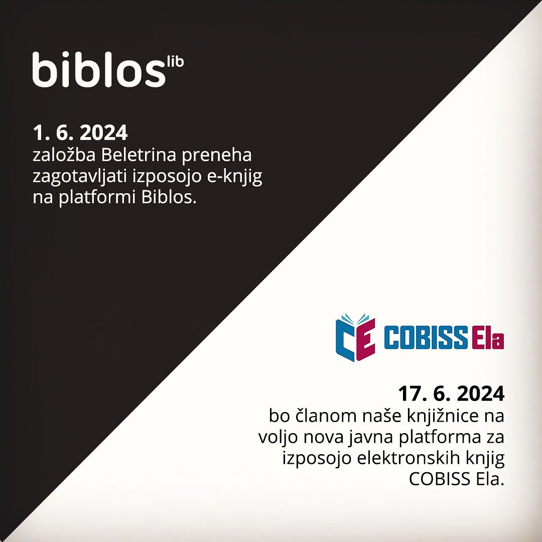 S 1. junijem bo založba Beletrina prenehala zagotavljati storitve izposoje e-knjig na platformi BIBLOS.

Od 17. junija bo članom knjižnice na voljo nova javna platforma za izposojo e-knjig COBISS Ela.

O vseh spremembah vas bomo obveščali.
kmj.si