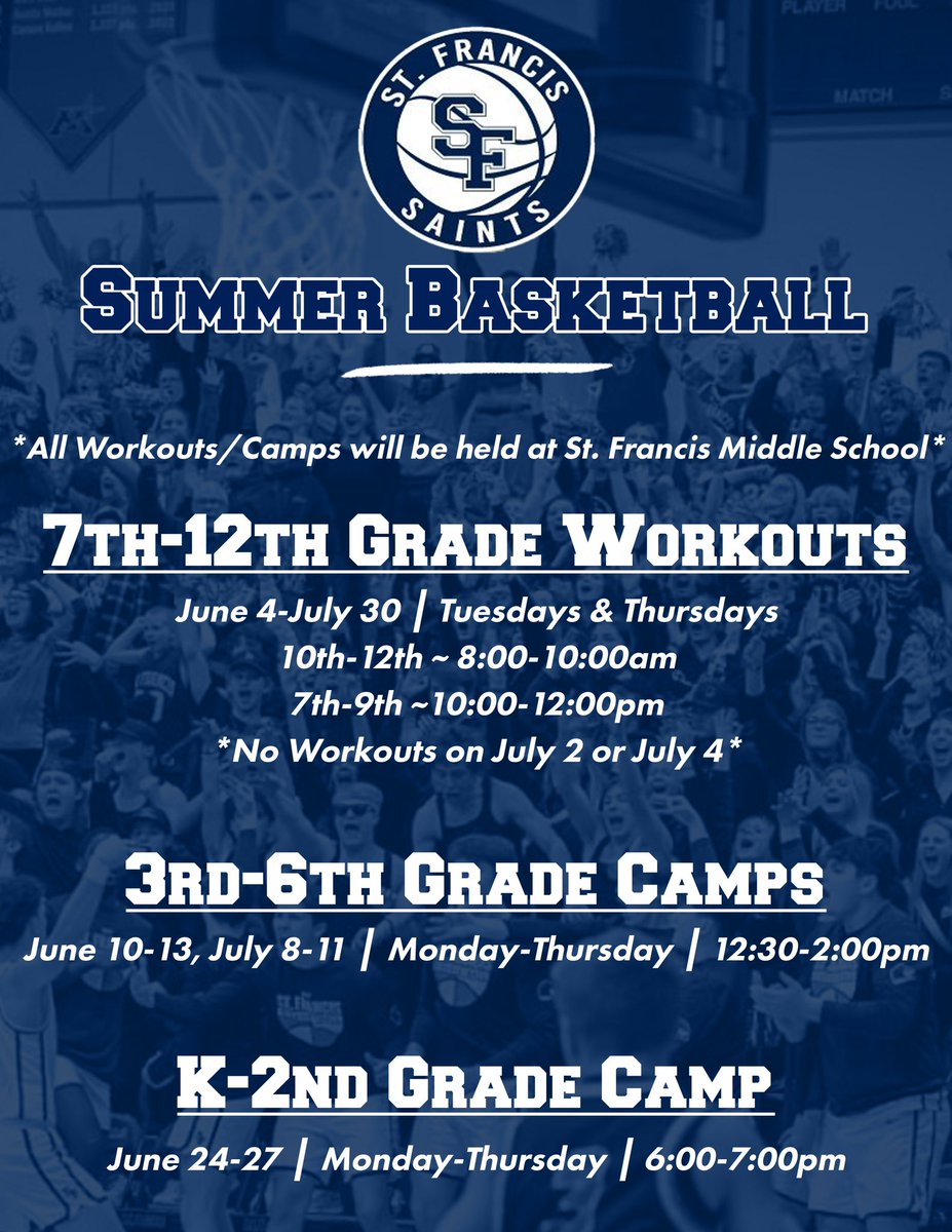 ⚠️ Attention all St. Francis Saints basketball players ⚠️

There is still time to sign up for our summer basketball programs. Work with our entire high school staff to improve your game this summer!

Sign up here ➡️ bit.ly/3Vm9E2N