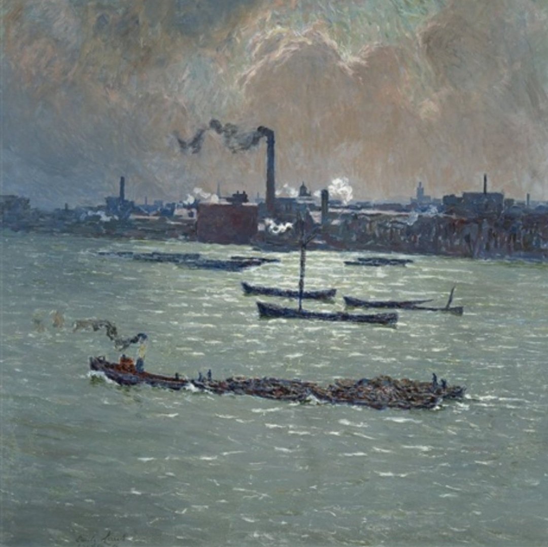 'Reflection of the Thames.' (1917) Emile Claus spent the years of WW1 in London in exile. He rented a studio on Norfolk Street overlooking London Bridge, where he would paint his atmospheric views of the Thames, often with its inpenetrable mist and rain.