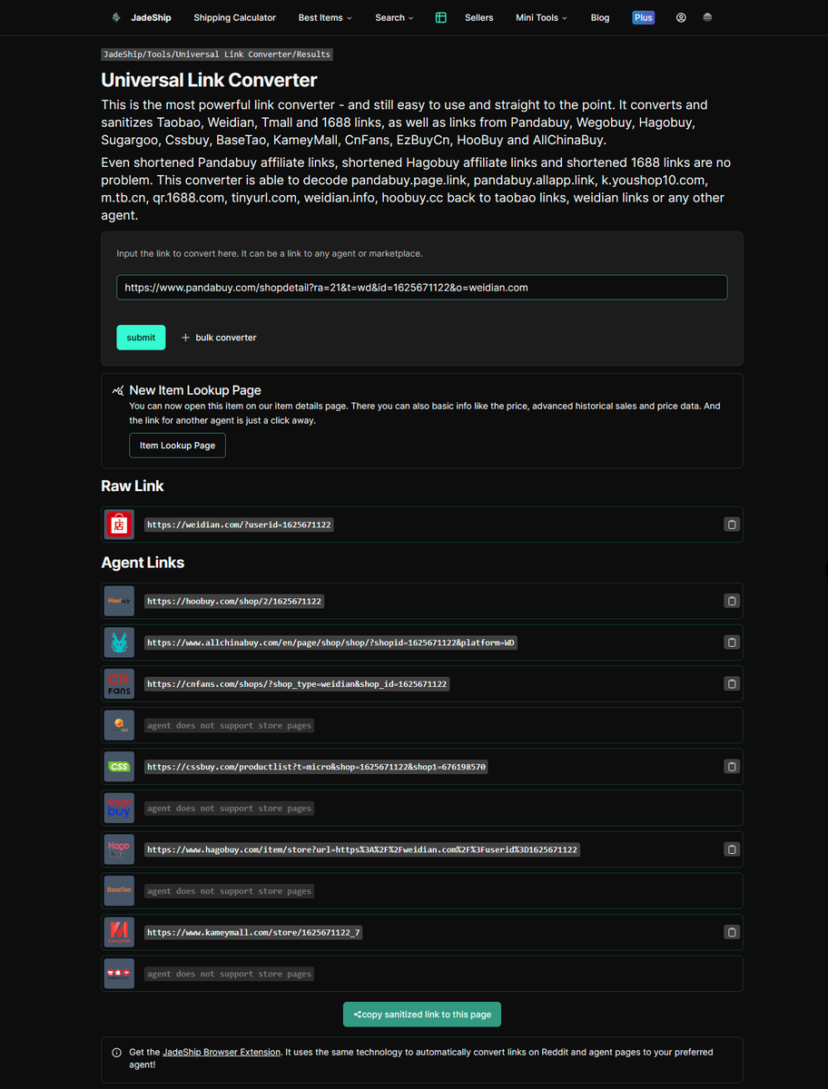 JadeShipCom's tweet photo. Our (bulk) universal link converter now automatically picks up STORE links and convert them between agents! This has never been supported by other link converters.

With our upcoming API you can integrate this into your own link converter bots and scripts. https://t.co/bJYGW3R5Cu