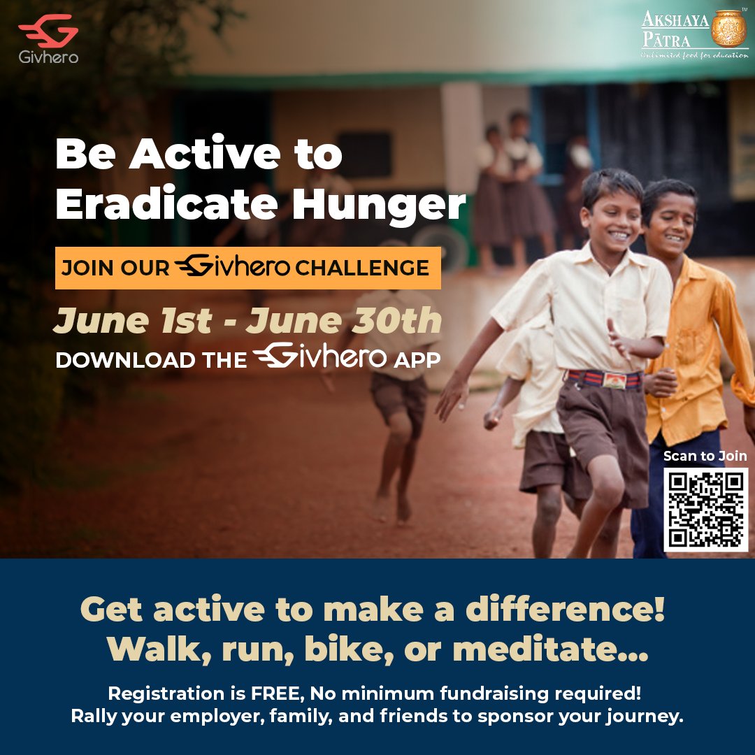 Join us for the 'Be Active to Eradicate Hunger' challenge with @givhero from June 1st to June 30th. 

Every step you take helps provide meals to children in India. Let's get moving for a great cause! 

givhero.com/challenges/aks…
 
#GivheroChallenge #IndiaAmerica #DesiAmericans