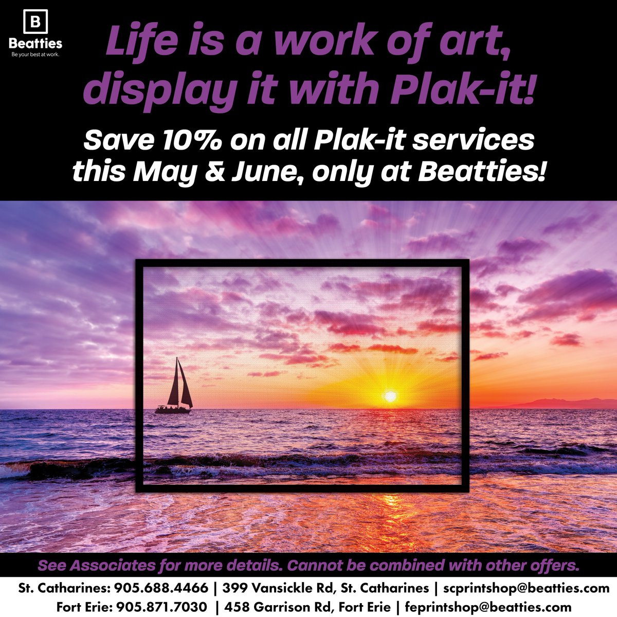 Save 10% this month on all Plak-it services! Take your favourite snapshots and display them like the work of art they are! Visit beatties.com today!