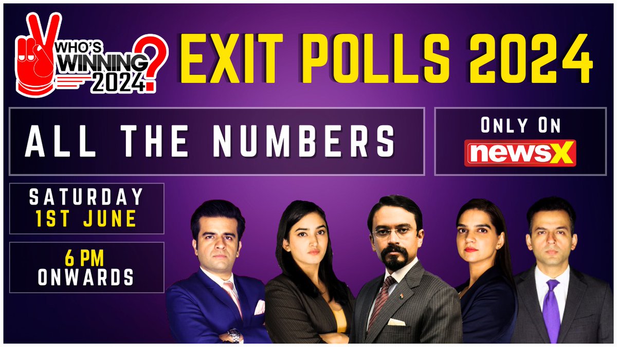 #WhosWinning2024 | Watch NewsX on 1st June, 6 PM onwards, to get all the Exit Poll numbers. Join our anchors and expert panelists to break down the 543 Lok Sabha seats. As the voting for Lok Sabha 2024 ends, who’s winning how many seats? 

<a href="/Rishabh_Gulati_/">Rishabh Gulati</a>
<a href="/msharma179/">Megha Sharma</a>
<a href="/ilah108/">Devika Diwan</a>