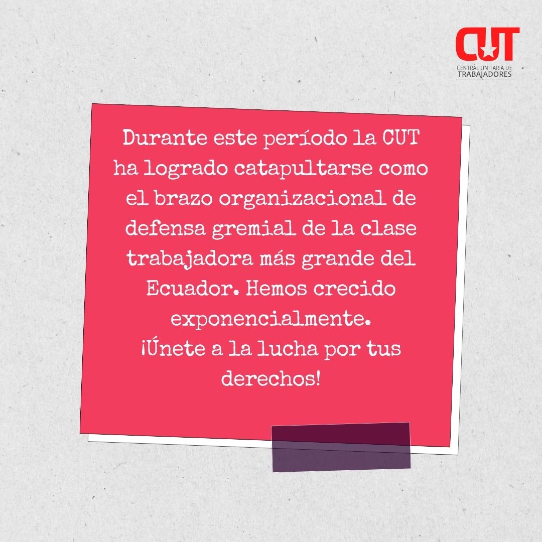 EcuadorCut's tweet image. ¿Sabías que la CUT es la organización de trabajadores más grande de Ecuador? Conoce más sobre nuestro crecimiento y logros recientes. ¡Únete a la lucha por tus derechos! 
#CUT #DefensaLaboral #Trabajadores #Ecuador