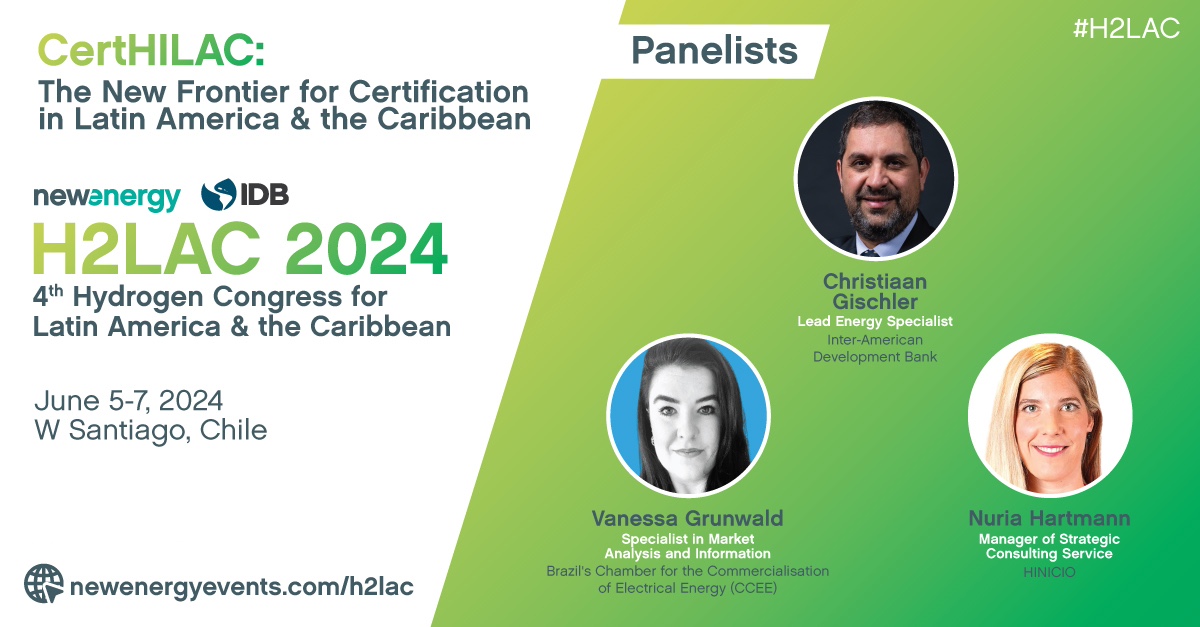 We are thrilled to announce our participation in #H2LAC2024, taking place from June 5-7 in Santiago, Chile. We will be presenting the #H2LACIndex 2024 and will also be part of the panel discussion on ‘CertHILAC: The New Frontier for Certification in LAC.’ 
newenergyevents.com/h2lac/