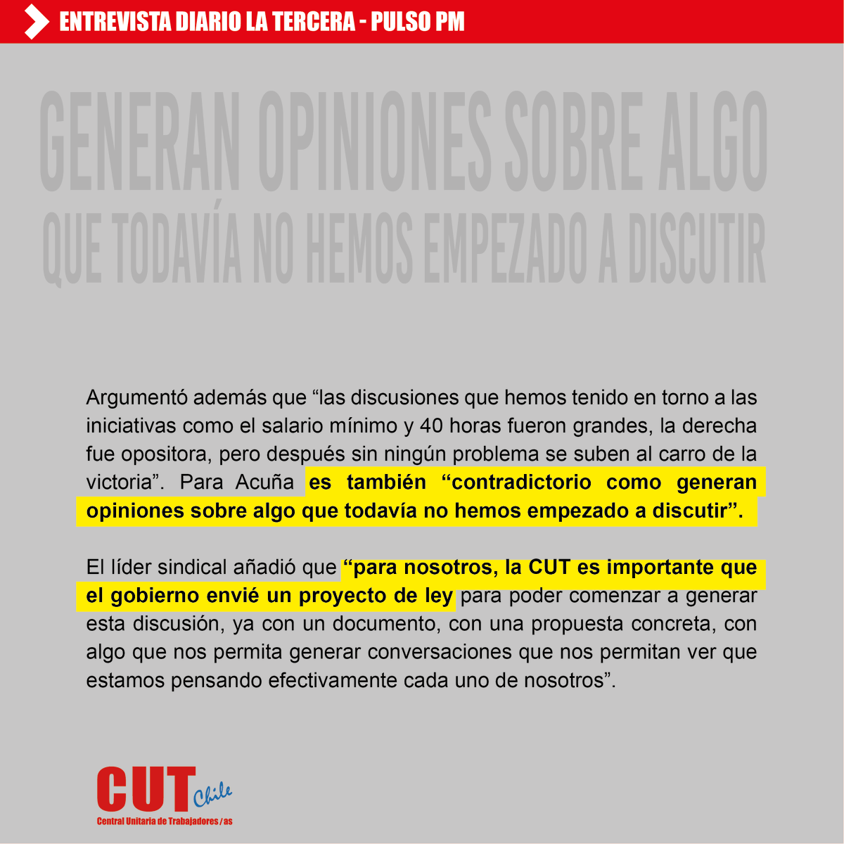 Entrevista diario La Tercera a nuestro presidente David Acuña Millahueique: CUT llama a la oposición a “no tener miedo a los cambios ni a las discusiones” por negociación ramal. 👉 Lee la entrevista completa acá: latercera.com/pulso-pm/notic… @david_acuna_ @EricCamposBonta @SalinasCUT