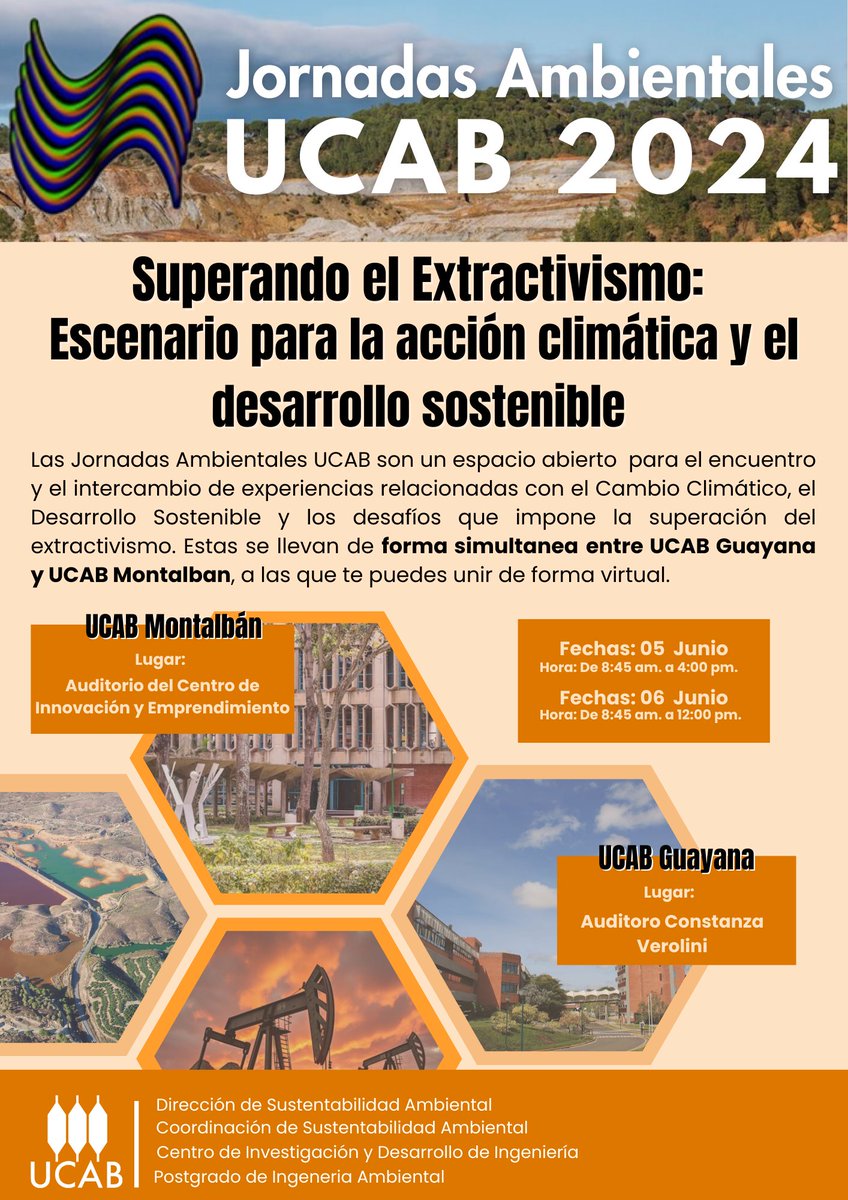 UCABSustentable's tweet photo. Los invitamos a participar en las Jornadas Ambientales UCAB 2024 

🗓️#5Jun y #6Jun 
🔰@enlaucab Montalbán: Auditorio del Centro de Innovación y Emprendimiento. 
🔰@UcabGuayana Auditorio Constanza Verolini

🔗Registro: https://t.co/li03NDa4X9 
🔗Zoom: https://t.co/EJU0NP5q9r https://t.co/PlQuiQ2HIs
