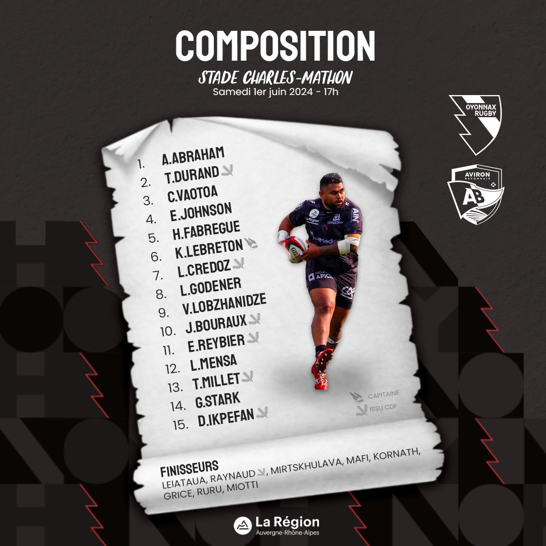 📜 𝗧𝗘𝗔𝗠 𝗢𝗬𝗢 I avec la Région @auvergnerhalpes

🏆 @top14rugby J.25
🆚 @avironrugbypro 
🏟️ Stade Charles-Mathon
🗓️ Samedi 1er Juin
⏱️ 17h

#TOP14 #OYOAB #TOUSOYOMEN