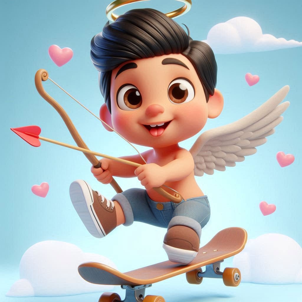 CupidoIniciante's tweet photo. Oi, pessoal! 😇🛹 Além de flechar corações, meu hobby favorito é andar de skate! Adoro sentir o vento nas asas enquanto faço manobras. Quem mais curte? #CupidoJr #CupidoSkatista #HobbyDivertido #AmorEAdrenalina https://t.co/ETW2ZvsWhB