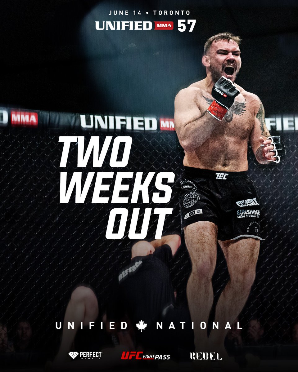 Just 2️⃣ weeks til Canada's Ultimate Proving Ground returns to the iconic @rebel_toronto, LIVE on @UFCFightPass 👊🏼 #Unified57

🍁 #UnifiedNational 🍁

TICKETS ➡️ ticketmaster.ca/event/1000609A…