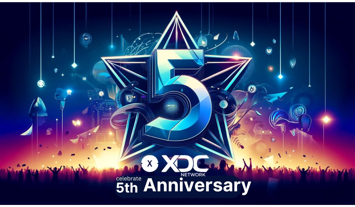 XDCNetwork's tweet photo. Celebrating 5 Years of XDC Network! 🎂🎉

Today (June 1,2024) We're excited to mark the 5th anniversary of the successful mainnet launch of XDC Network! Over the past five years, XDC Network's mainnet has remained stable, demonstrating the resilience and robustness of our Layer 1 blockchain network.🌟

🙏Our deepest gratitude goes to our Node operators, vibrant community, robust ecosystem, dedicated team, and valued partners for their unwavering support, contributions, and belief in our vision. 
Over the past year, we've reached remarkable milestones, formed strategic partnerships, and continued to drive innovation in the space.

📈Check the below data that shows the growth of XDC Network this year.
Nodes: 426  (+ 66 added in last one year)
Accounts: 1.67 M (+777k  created in last one year)
Blocks: 75.3 M (+ 13.5 Million mined in last one year)
Smartcontract: 16k  ( + 3000 deployed in last one year)
Transactions:  563.9 M   ( + 149.47 Million Transacted in last one year)

Read more: https://t.co/zi3LzJRuYq

💪Let's continue to build, innovate, and transform the world of RWA, DePin, Trade finance Gaming, De-Fi/Staking, AI and beyond with XDC Network. Thank you for being an integral part of our journey! Together, we're forging a decentralized future.
#XDCTurns5 #XDCNetwork #WeAreXDC #ThankYouXDCCommunity