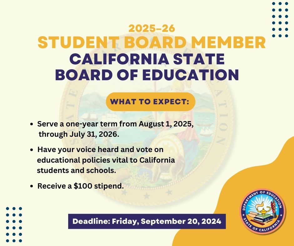CADeptEd's tweet photo. Are you a high school junior interested in serving on the @SBECalifornia?

Apply today to become a Student Board Member for 2025–26! Submit an application before September 20: https://t.co/g1tMZsadWj https://t.co/gHBSu0vJ1i