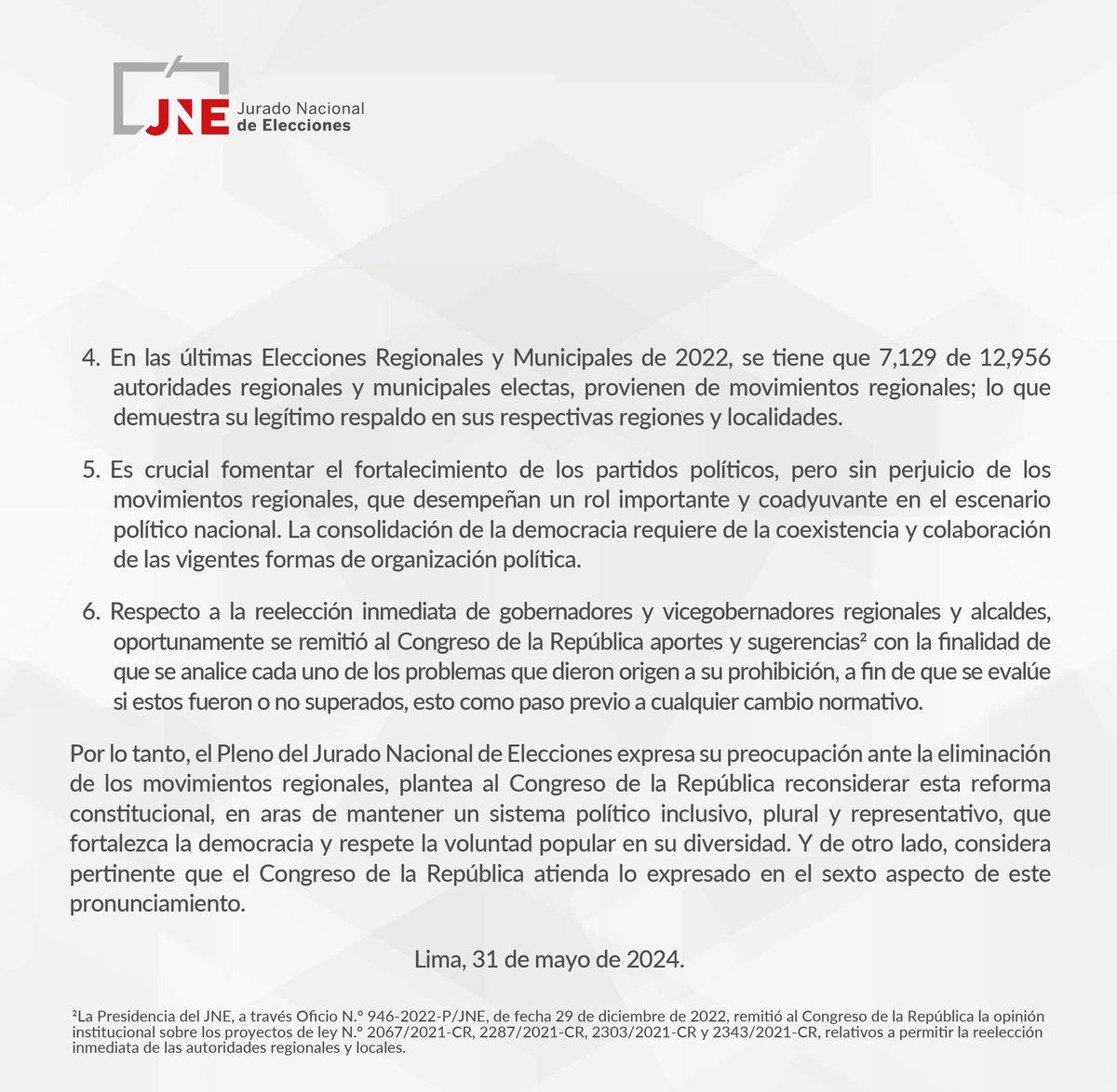 JNE_Peru's tweet photo. #LoÚltimo | Pronunciamiento del Pleno del JNE ante reforma constitucional que pretende eliminar a los movimientos regionales y restablecer la reelección inmediata de los gobernadores y vicegobernadores regionales y alcaldes. https://t.co/jWS5JhvuSG