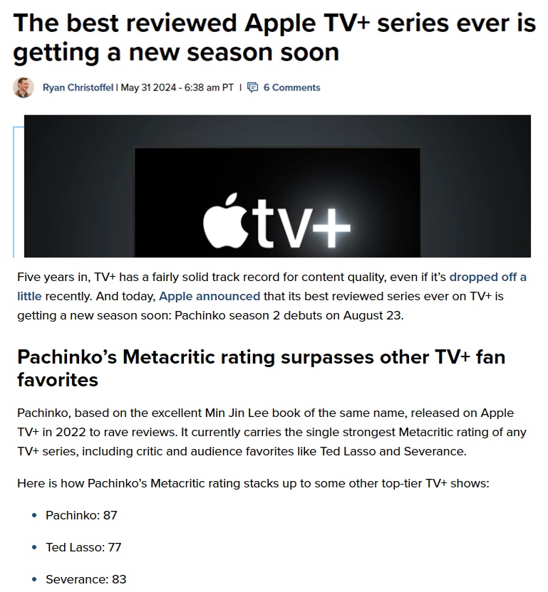 'The best reviewed Apple TV+ series ever is getting a new season soon' 9to5mac.com/2024/05/31/bes… #Pachinko #LeeMinHo @ActorLeeMinHo #이민호 #KimMinHa #파친코 @AppleTV #kdrama
