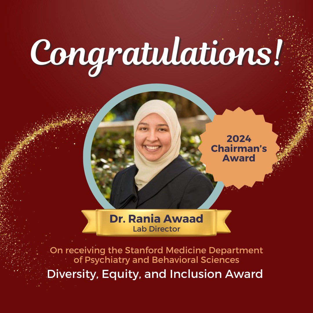 Muslim Mental Health & Islamic Psychology Lab (@stanfordmmhip) on Twitter photo We would like to take a moment to congratulate our Lab Director <a href="/DrRaniaAwaad/">Dr. Rania Awaad</a> on being awarded the 2024 Stanford Medicine Department of Psychiatry and Behavioral Sciences Chairman’s Award for Diversity, Equity and Inclusion. Alf Mabrook <a href="/DrRaniaAwaad/">Dr. Rania Awaad</a>! 🥳 We would like to take a moment to congratulate our Lab Director <a href="/DrRaniaAwaad/">Dr. Rania Awaad</a> on being awarded the 2024 Stanford Medicine Department of Psychiatry and Behavioral Sciences Chairman’s Award for Diversity, Equity and Inclusion. Alf Mabrook <a href="/DrRaniaAwaad/">Dr. Rania Awaad</a>! 🥳