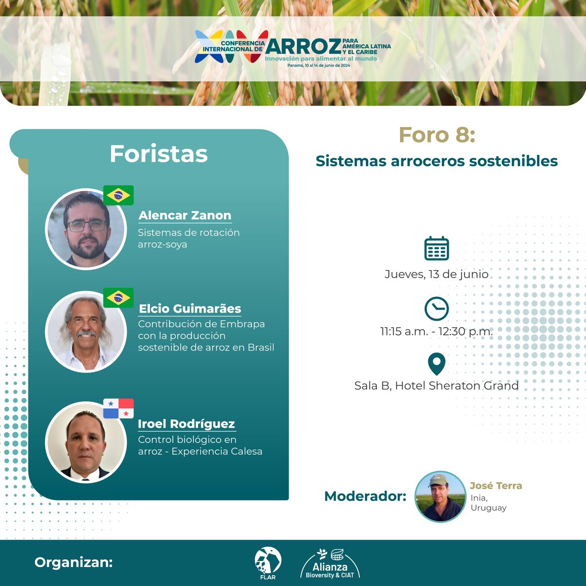 arrozFLAR's tweet image. #Foros | Únete al foro sobre Sistemas Arroceros Sostenibles en la XIV Conferencia Internacional de Arroz. @alencar_zanon🇧🇷, @epguimara1🇧🇷 e Iroel Rodríguez🇵🇦 compartirán sus experiencias. Modera: @JoseATerra1 (@INIA_UY🇺🇾). Más info: conferenciaarrozalc.com/foristas-2/