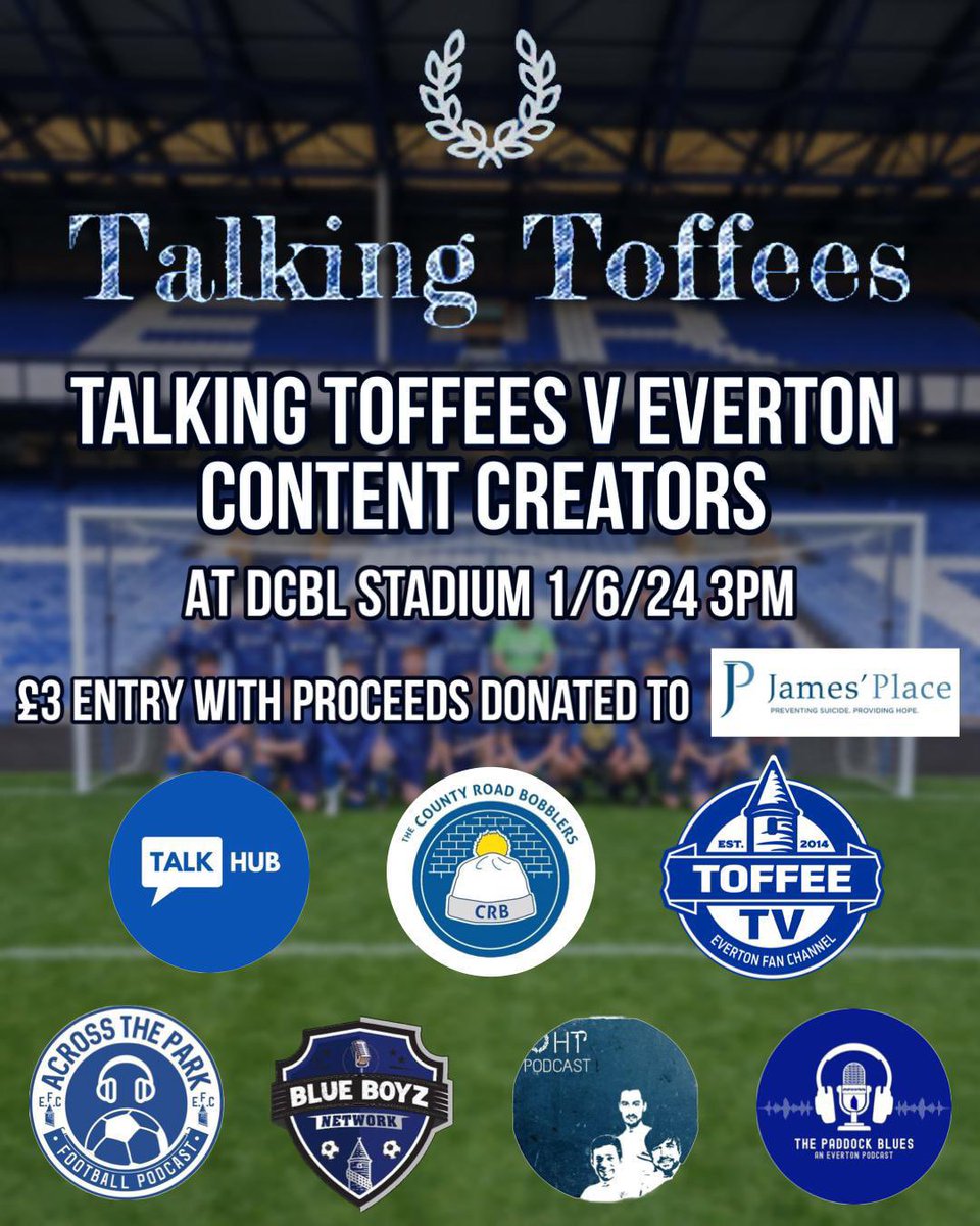 🚨 Tomorrow we’ll be taking on Everton Content Creators @DcblStadium in a charity match to raise money for @JamesPlaceUK @JamesPlaceUK save the lives of men in suicidal crisis within our community, offering free life-saving treatment Come down & support a great cause 💙 #EFC