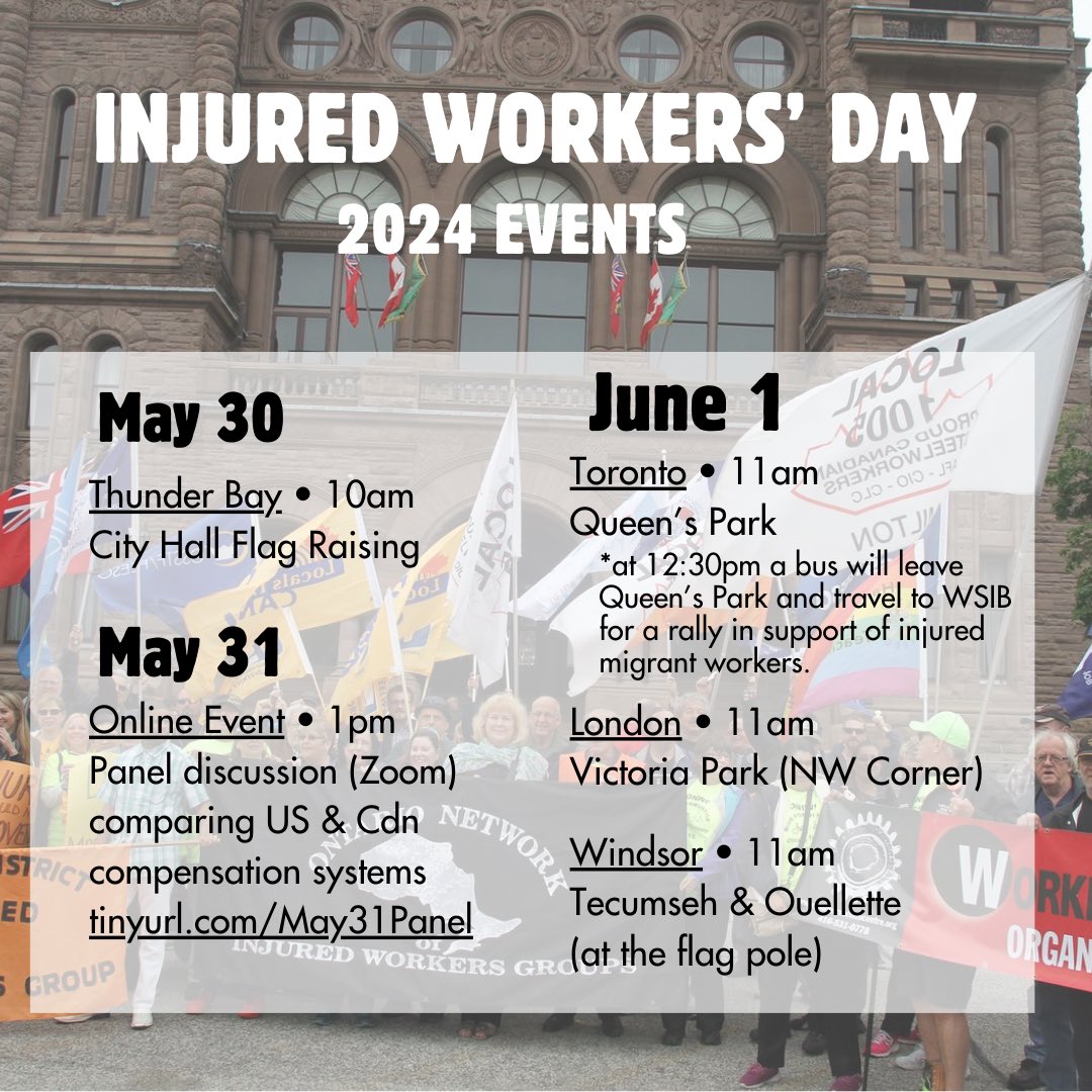 Join us tomorrow at Queen’s Park at 11:00am. If you’re not in Toronto, attend one of the other events across the province. #injuredworkersday #june1st #healthcareforall