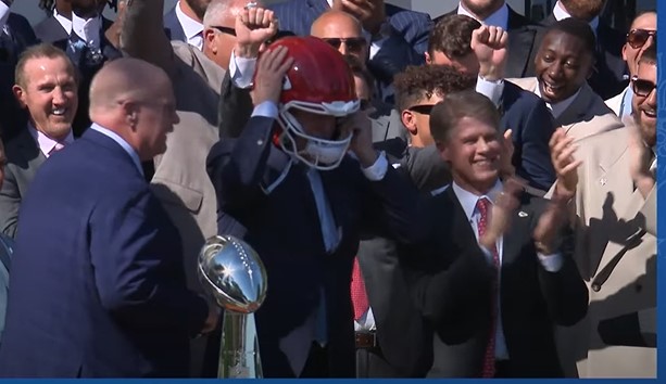 pgrathoff's tweet photo. President Biden put on a Chiefs helmet at today's celebration. https://t.co/jAF5BrC06P