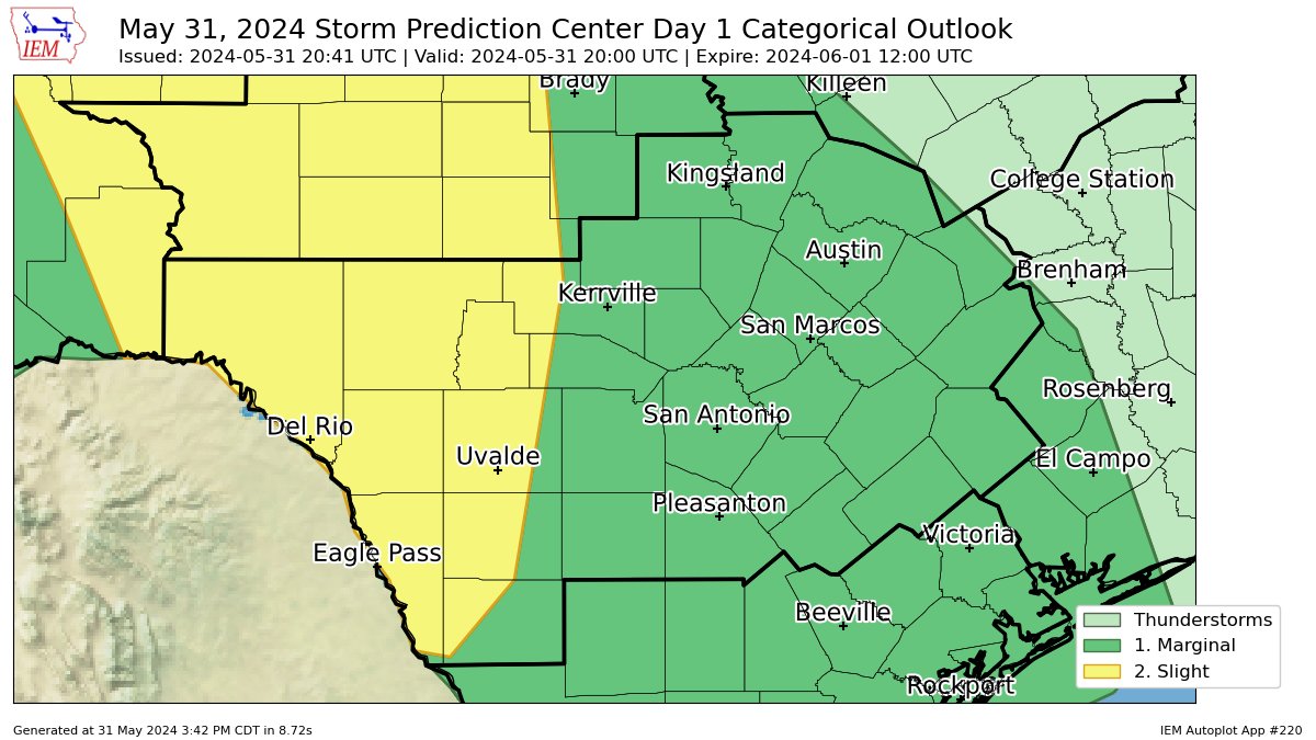 #SPC issues Day 1 Slight Convective Risk at May 31, 20:41z for EWX spc.noaa.gov/products/outlo…