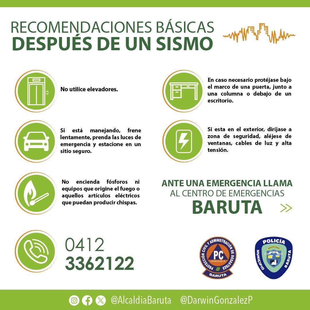 AlcaldiaBaruta's tweet photo. ¡Atención, vecinos!⚠️

Les compartimos algunas recomendaciones sobre qué hacer durante y después de un sismo.

Recuerden tener a la mano el número de emergencia: 0412-336-2122 https://t.co/E3HF0C4SN9