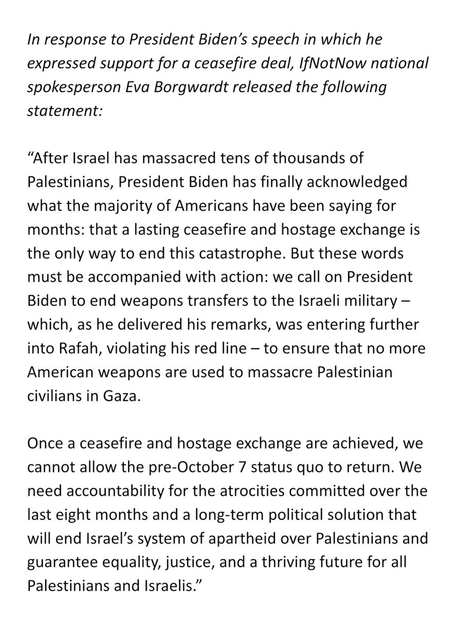 IfNotNowOrg's tweet photo. Our statement on @POTUS speech in which he expressed support for a ceasefire deal: https://t.co/KgMYoNcHem