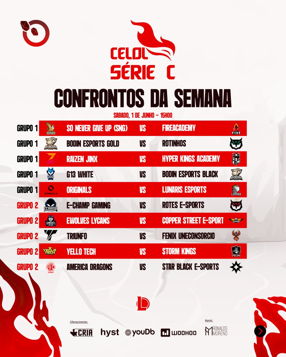 LigaGG_'s tweet photo. SÉRIE C - Anota na agenda aí! amanhã COMEÇAAAA!!

20 times em busca de 4 vagas para a Série B!

Jogos de Sábado abaixo!
Grupo A:
#SNG x @FIREACADEMYGG 
@bodinesports x @RotesESports 
@raizen_games x @HyperKingsOFC 
@G13ESPORT x @bodinesports 
@bsv_originals x @LunarisEsports 

Grupo B:
@EChampGaming x @RotesESports 
@Ewolvesgg x #cooper 
@TriunfoEsports x @fnx_progaming 
#Yello x @StormKingsBr 
@americadragons x #starblack