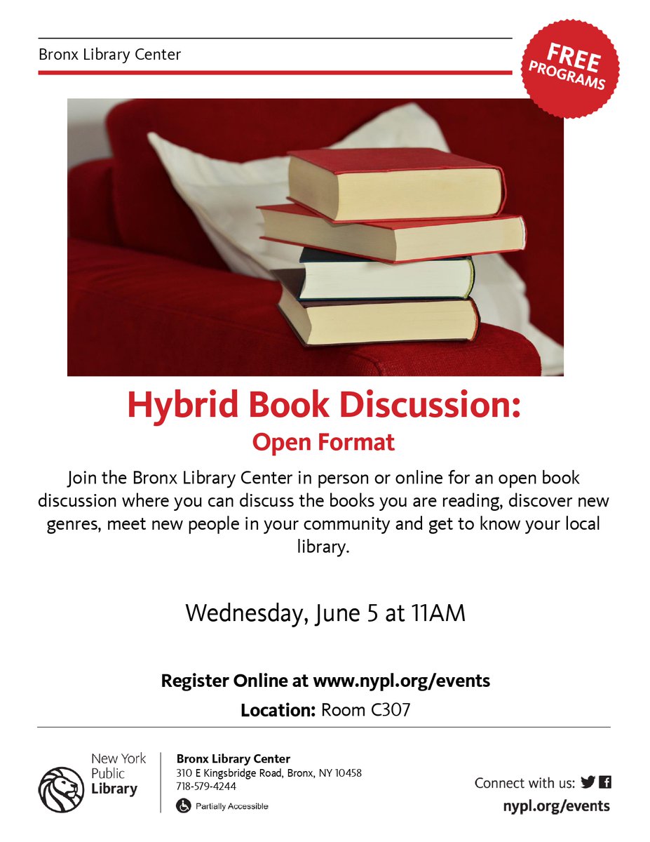 Bronx Library Center (@bronxblc) on Twitter photo Do you have a book you can't stop talking about? If so, join our Open Format Book discussion! Register here: nypl.org/events/program… Do you have a book you can't stop talking about? If so, join our Open Format Book discussion! Register here: nypl.org/events/program…