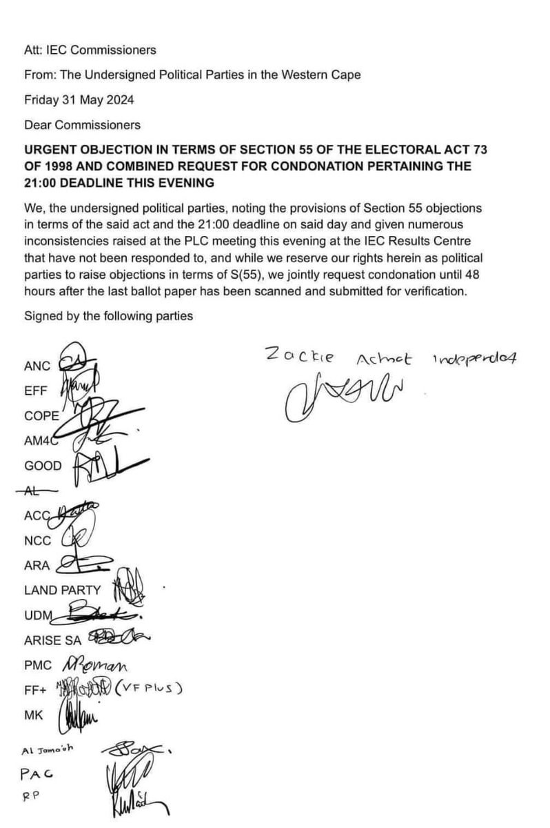 centralnewsza's tweet photo. 🔴JUST IN🔴All political parties in the Western Cape, excluding the DA, are demanding a recount. They have filed objections, accusing the DA of vote rigging. https://t.co/kdw7bDjL51