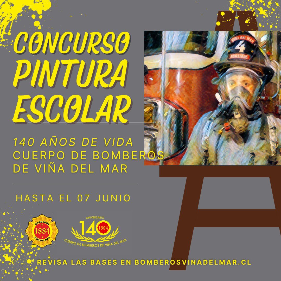👩🏻‍🚒¡CONCURSO•PINTURA!👨🏻‍🚒Ya estamos recibiendo los primeros trabajos. El tema es libre, sólo tienes que usar tu creatividad y plasmar cómo ves nuestra labor. Si estás entre primero y octavo básico puedes participar! ¡Hasta el 7 de junio! 

📍BASES bomberosvinadelmar.cl/wp-content/upl…