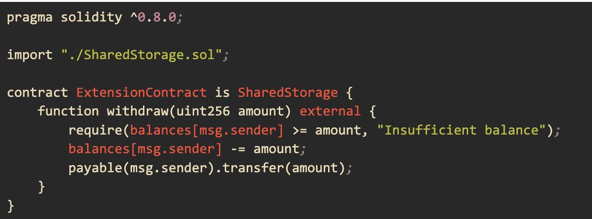 0xCharlesWang's tweet photo. The Fallback Extension Pattern

The Fallback Extension Pattern is a design strategy used in smart contract development to extend the functionality of a contract beyond its size limitations. This pattern leverages the fallback function to delegate calls to an extension contract, thereby enabling developers to incorporate additional functions without directly modifying the primary contract.

However, implementing this pattern necessitates modifying the primary contract to include the fallback function for seamless interaction with the extension contract.

One of its primary advantages of fallback extension is circumventing Solidity's 24KB contract size limit by offloading some functionalities to an extension contract, thus enabling more complex applications. This pattern also promotes modularity, allowing developers to separate different functionalities into distinct contracts, making the overall system easier to manage and understand. Additionally, it facilitates upgradeability by enabling new features to be added through extension contracts without altering the primary contract, thus maintaining stability and security while evolving the contract's capabilities.

Context Preservation and Accessing Shared State

When using delegatecall to forward calls from the primary contract to the extension contract, it's crucial to ensure that the context, including storage variables, is preserved. This context preservation ensures that the extension contract operates within the same state as the primary contract, maintaining consistency and integrity. The primary and extension contracts should access and manipulate shared state variables stored in the contract's storage. If the storage layout differs between the two contracts, accessing these shared variables may lead to unexpected behavior or data corruption. Inconsistencies in storage layout could result in data mismatches or storage collisions, where variables in one contract overwrite or interfere with variables in another contract. This can lead to erroneous contract behavior and potential security vulnerabilities.

Consider the example below: The SharedStorage contract holds all the storage variables. MainContract and ExtensionContract inherit from this contract, ensuring they share the same storage layout.

The MainContract inherits from SharedStorage and includes a fallback function to delegate calls to the ExtensionContract:

The ExtensionContract also inherits from SharedStorage and implements the additional functionality, such as withdrawing a specific amount:

Strategies for Achieving Identical Storage Layouts

One approach to achieving identical storage layouts is to consolidate all storage variables into a single contract shared by both the primary contract and extension contract. This ensures uniformity in storage layout and simplifies the management of shared state. Alternatively, developers can define storage structs or interfaces that encapsulate shared state variables. Both the primary contract and extension contract can reference these structs/interfaces to access the shared state, ensuring consistency in storage layout. Another strategy is to design contracts with storage layout compatibility in mind from the outset. Planning and documenting storage structures and variable placements help ensure consistency across contract upgrades and extensions.

When deploying and upgrading contracts that use the Fallback Extension Pattern, it is critical to ensure that any changes to the storage layout are reflected consistently across both the primary and extension contracts. This means that any new variables added to the storage must be appended to the end of the storage structure to avoid shifting existing variables.